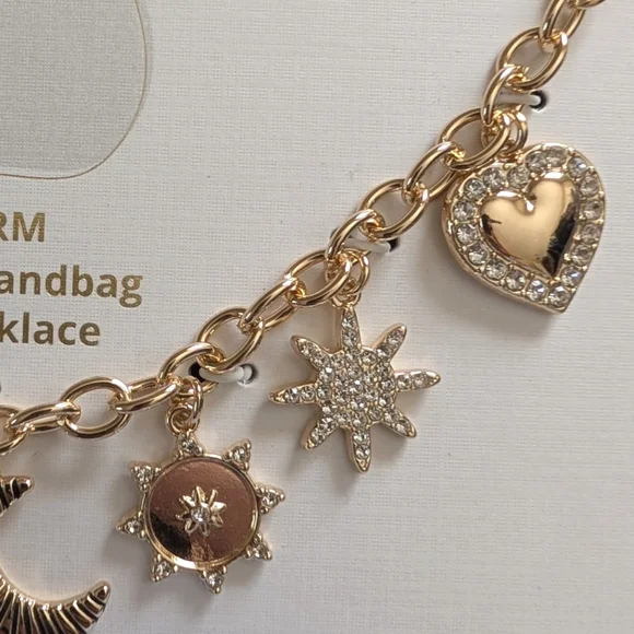 House of Harlow 1960 Bag Charm Necklace Glass Stones Celestial Hearts Stars - Picture 7 of 13